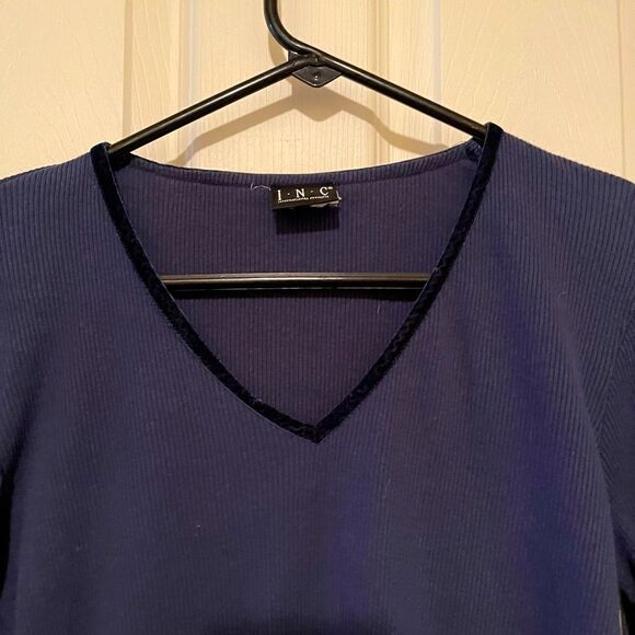 INC International Concepts Navy Blue Ribbed Top with Velvet Trim - Large - Picture 1 of 5